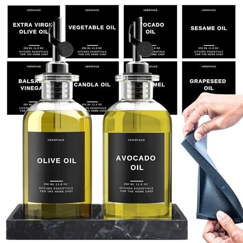 Verspace Olive Oil Dispenser Bottle Set of 2 with Silicone Tray and 40 Labels for Kitchen Use Soy Sauce and Coffee Syrup Dispenser Black
