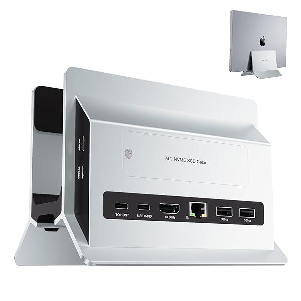 PULWTOP Vertical MacBook Docking Station with M.2 NVMe Case 4K HDMI USB C SD TF 100W PD RJ45 for MacBook Pro Air and Windows Silver