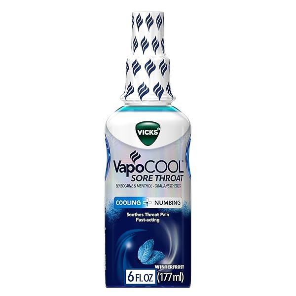 Vicks VapoCOOL Sore Throat Spray: Fast-Acting Numbing Relief with Benzocaine & Menthol - Winterfrost Flavor, 6 FL OZ