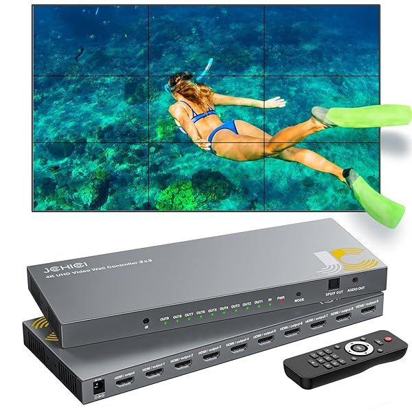 JCHICI 3x3 Video Wall Controller 4K HD Display with 180 Degree Rotate and 10 Splicing Modes for Streaming Media