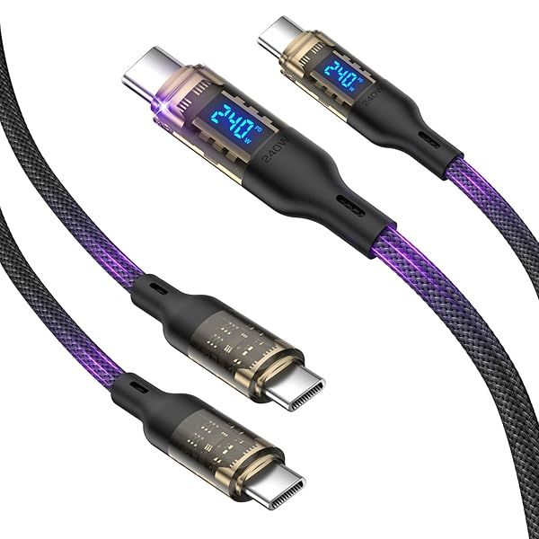 VisionSync 240W USB C to USB C Cable with LED Display 10ft 2Pack Fast Charging for MacBook Pro iPhone 15 Samsung Galaxy S23 Black