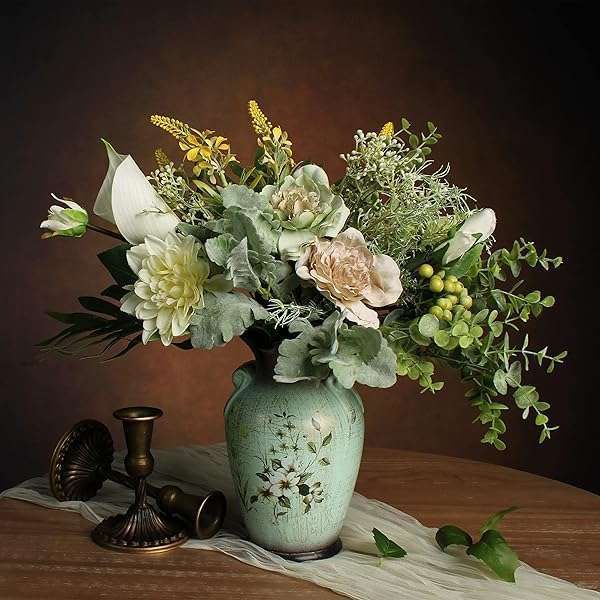 Stylish WAKISAKI Faux Flowers in Ceramic Vase - Perfect Home Decor for Living Room, Kitchen & Dining Table Centerpieces