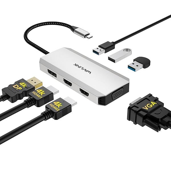 WAVLINK USB C Docking Station for MacBook Dell XPS Lenovo Yoga HP Laptops Dual HDMI Displayport VGA USB Hub Adapter Silver