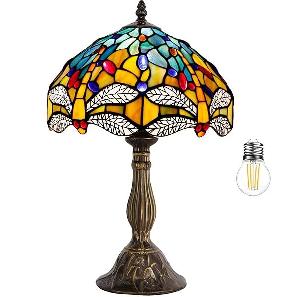 WERFACTORY Tiffany Lamp Sea Blue Yellow Dragonfly Style Table Lamp Nautical Reading Light for Bedroom Living Room Home Office S128 Series