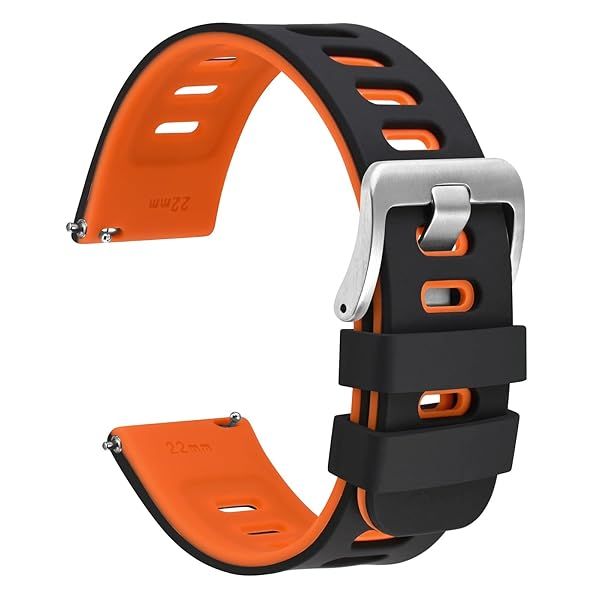 WOCCI 18mm Bicolor Watch Band, Silicone Rubber, Quick Release Replacement Strap for Men and Women, Silver Stainless Steel Buckle (Black-Orange)