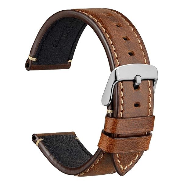 WOCCI 18mm Leather Replacement Watch Band for Men Business Style with Silver Buckle in Gold Brown