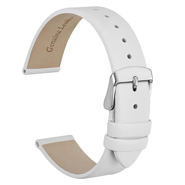 WOCCI 20mm Elegant Genuine Leather Watch Band Replacement Strap with Silver Buckle in White