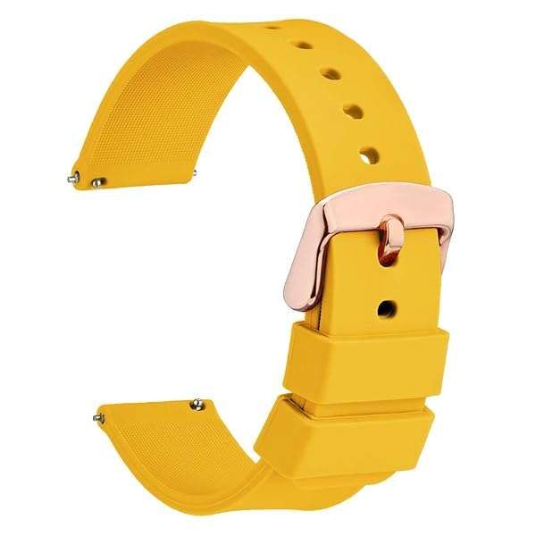 WOCCI 20mm Yellow Silicone Watch Band with Rose Gold Buckle - Soft Rubber Quick Release Straps