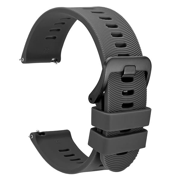 WOCCI 22mm Arched Stripes Silicone Watch Band for Men, Quick Release Strap, Black Buckle (Dark Gray)