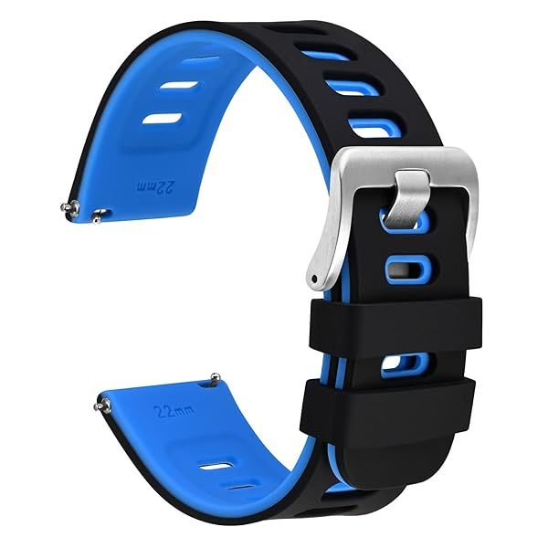 WOCCI 22mm Bicolor Watch Band, Silicone Rubber, Quick Release Replacement Strap for Men and Women, Silver Stainless Steel Buckle (Black-Blue)