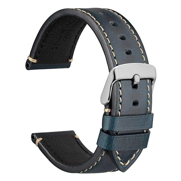 WOCCI 22mm Leather Replacement Watch Band for Men Midnight Blue Business Style with Silver Buckle