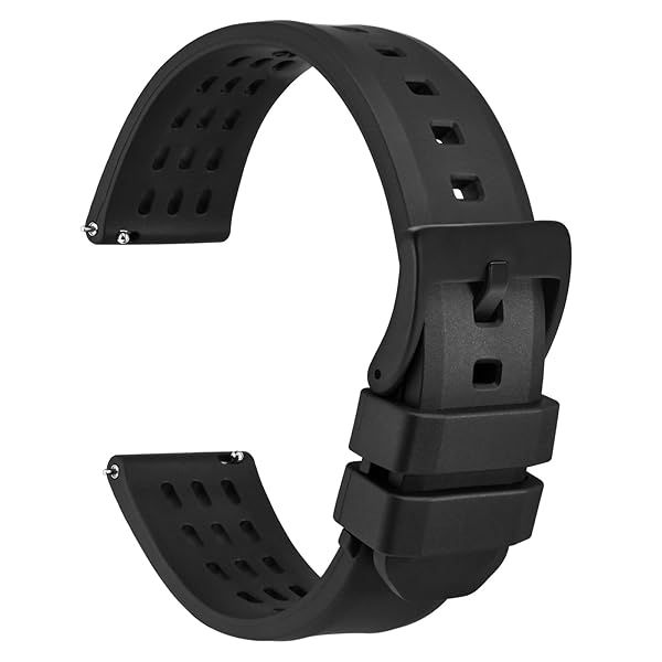 WOCCI 22mm Rally Watch Band, FKM Rubber Strap, Quick Release, Black Matte Buckle (Black)