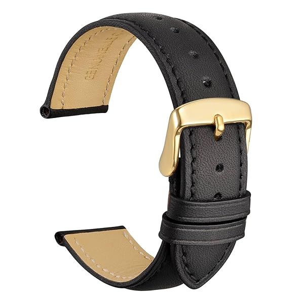 WOCCI 24mm Vintage Leather Watch Band for Men and Women with Gold Buckle in Black Color