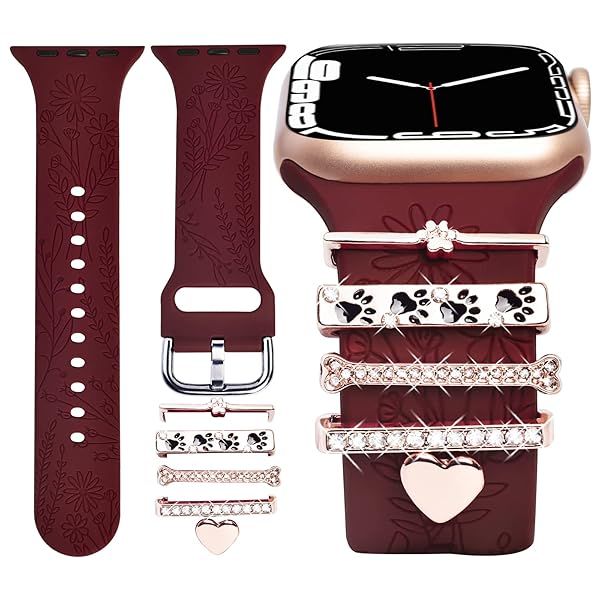 Watch Band Charms (Band Included), Compatible with Apple Watch Band 42mm 44mm 45mm 46mm 49mm, Floral Engraved Silicone Straps Accessories for iWatch