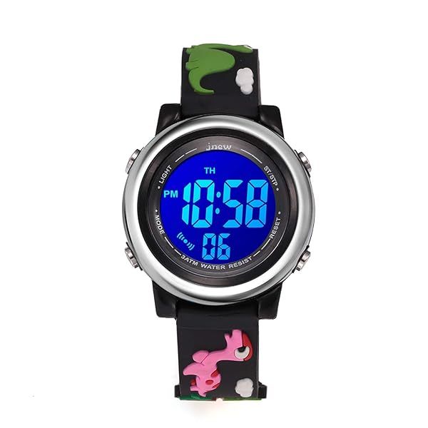 Kids Digital Sports Waterproof Watch for Boys and Girls 3-12 with Luminous Alarm Stopwatch Black Dinosaur Design