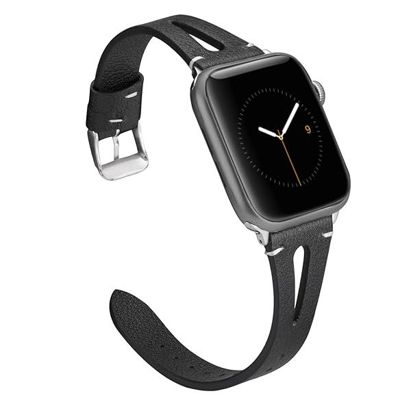 Wearlizer Black Leather Apple Watch Bands 38mm 40mm for Men and Women with Triangle Hole Design and Metal Silver Buckle Series 1 to 5