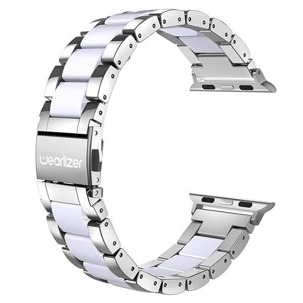 Wearlizer Apple Watch Band 42-49mm Fashion Silver Stainless Steel and White Resin Replacement Bracelet for iWatch Ultra SE Series 1-10