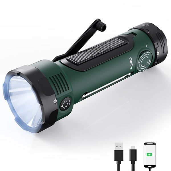 Hand Crank Flashlight, 3000mAh NOAA Weather Radio Flashlight with 3 Way Power Sources, Wind Up Flashlight Hand Crank Cell Phone Charger, Portable