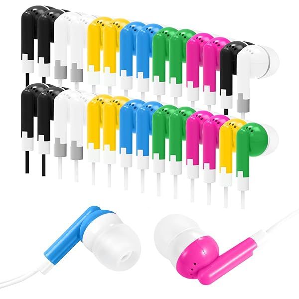 30 Pack Kids Earbud Headphones - Wired Multi-Colored Earphones for School & Classroom Use