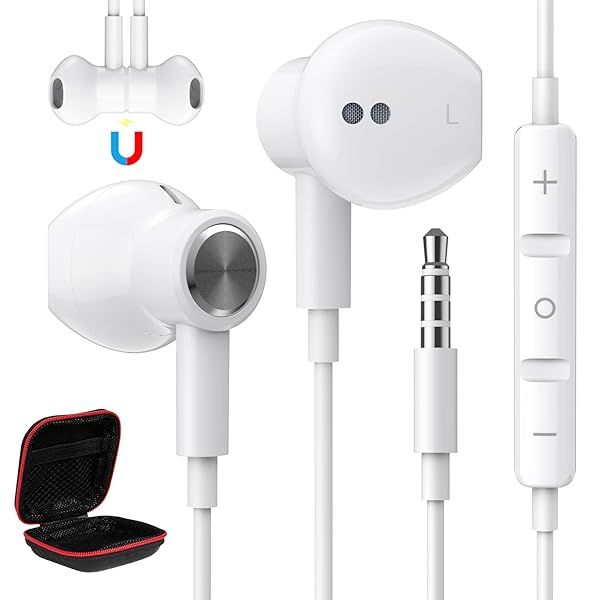 Wired Earphones 3.5mm Jack Headphones with Microphone for Samsung Galaxy A25 A15 A14 A23 A52 S10, Noise Cancelling Wire Earbuds with Case Magnetic