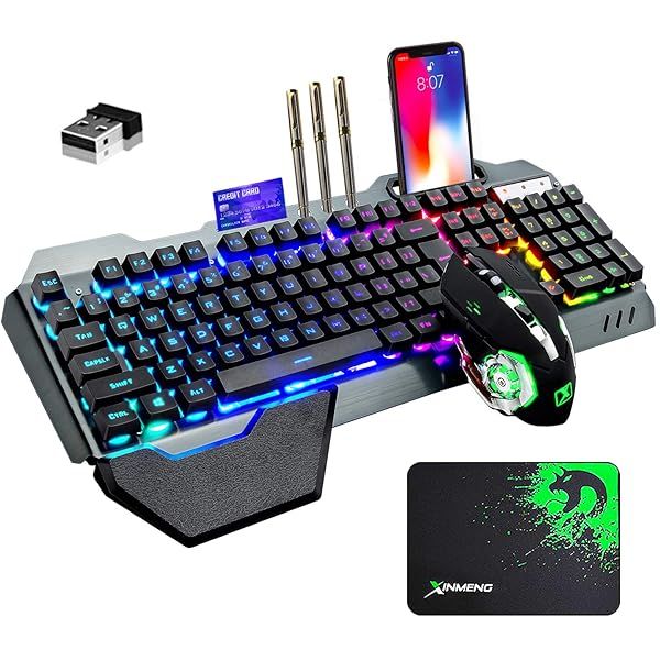 Wireless Gaming Keyboard and Mouse Set with Rainbow LED Backlit Rechargeable Battery Ergonomic Waterproof Design for PC Gamers Black