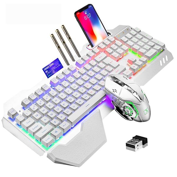 Wireless Gaming Keyboard and Mouse RGB Backlit Rechargeable with 5000mAh Battery Metal Panel Removable Hand Rest Mechanical Feel for PC Gamers