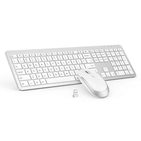 Wireless Keyboard and Mouse Combo - Slim Full Size with Numeric Keypad & 2.4G Connection (White & Silver)