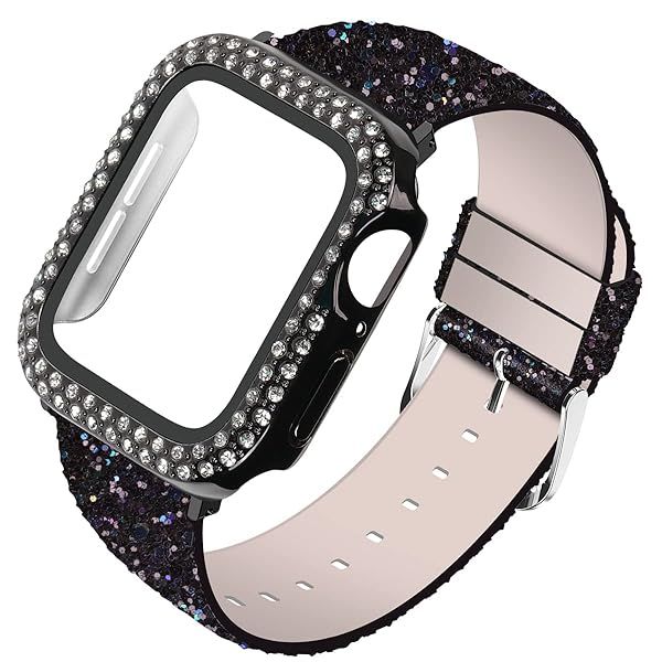 Wolait Leather Apple Watch Bands for Women 44mm Glitter Sparkly Bling Diamond Screen Protector Case Compatible with Series 6 5 4 Black