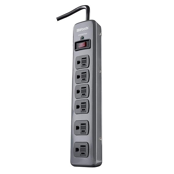 Woods 41546 Metal Surge Protector 6 Outlets Lighted Circuit Breaker 900J Protection 3 Foot Cord Black