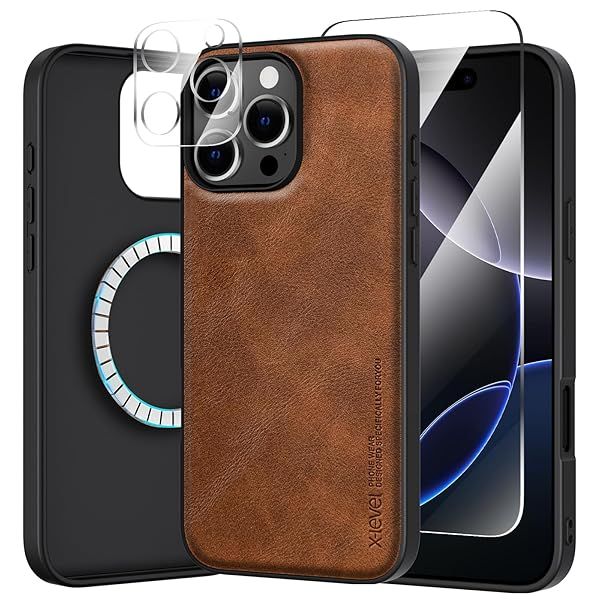 X-level iPhone 16 Pro Case Premium PU Leather Soft TPU Bumper with Screen and Camera Lens Protectors Compatible with MagSafe Brown