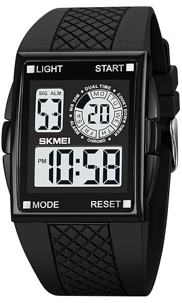 XCZAP Men's Luminous Square Digital Sports Watch Waterproof Multi-Function Black White