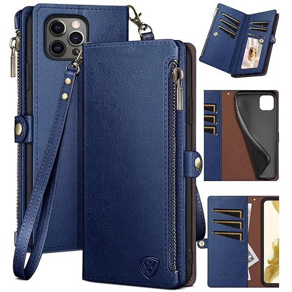 XcaseBar iPhone 14 Pro Max Wallet Case with Zipper Credit Card Holder RFID Blocking Flip Folio PU Leather Shockproof Cover Blue