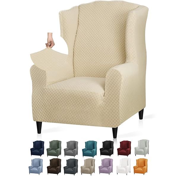 YEMYHOM Stretch Wingback Chair Slipcover Jacquard Design Non Slip Furniture Protector for Living Room Beige
