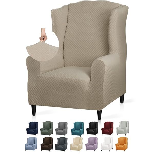 YEMYHOM Stretch Wingback Chair Slipcover Jacquard Design Non Slip Furniture Protector for Living Room Wing Chair Khaki