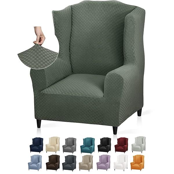YEMYHOM Stretch Wingback Chair Slipcover Jacquard Design Non Slip Furniture Protector Army Green for Living Room