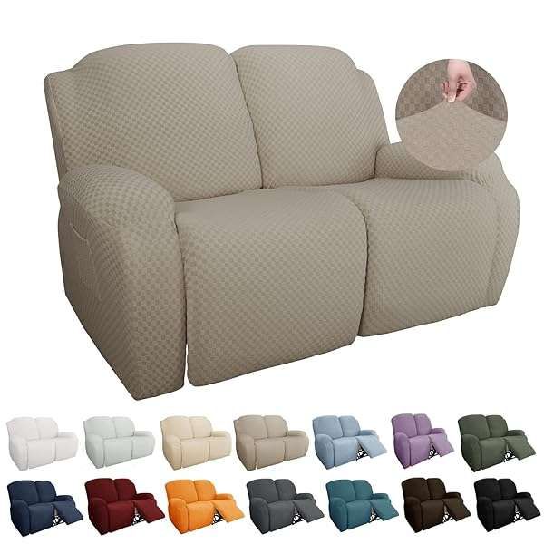 YEMYHOM 6-Piece Stretch Recliner Slipcover Set - Jacquard Sofa Cover with Side Pocket, Elastic Bottom, Medium Khaki