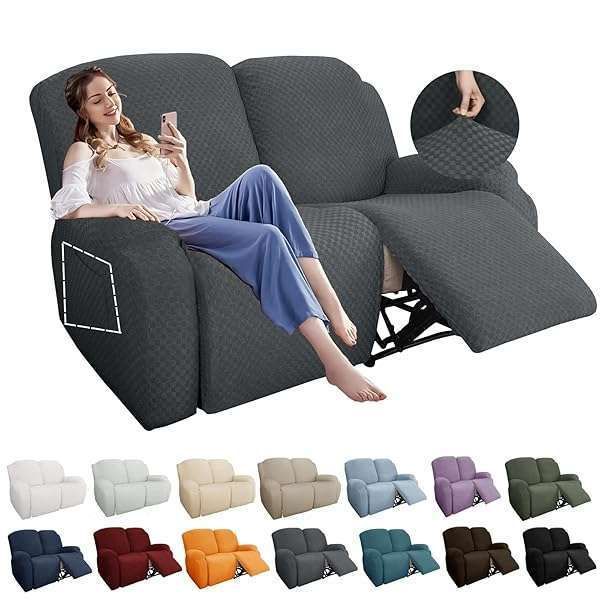 YEMYHOM 6-Piece Stretch Recliner Slipcover - Dark Gray Jacquard Sofa Protector with Side Pocket & Elastic Fit