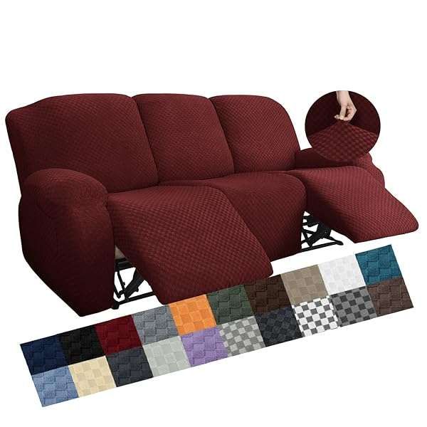 YEMYHOM 8-Piece Stretch Recliner Sofa Cover - Jacquard Anti-Slip Fitted Slipcovers with Side Pocket (Large, Wine Red)