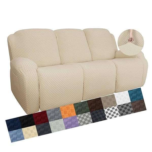 YEMYHOM 8-Piece Stretch Recliner Sofa Cover - Jacquard Anti-Slip Fitted Slipcovers with Side Pocket, Beige for 3 Cushion Furniture