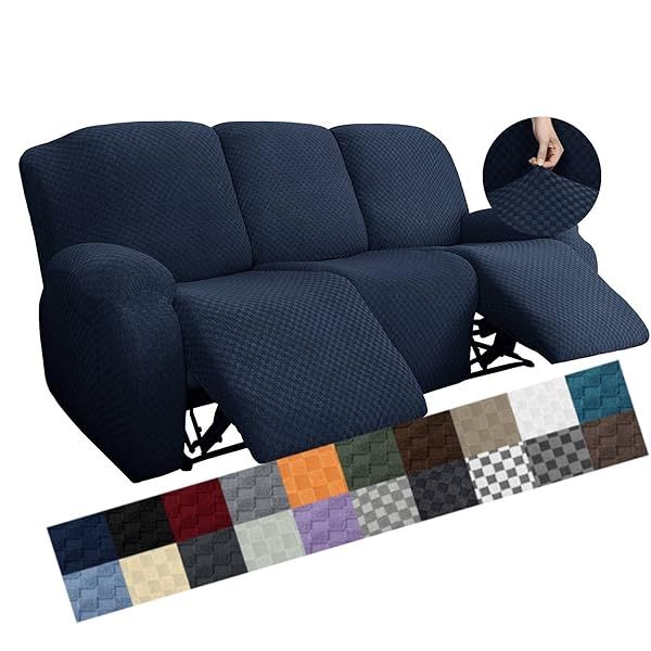 YEMYHOM 8 Pieces Stretch Recliner Sofa Cover Jacquard Anti-Slip Fitted Couch Cover with Side Pocket Large Navy