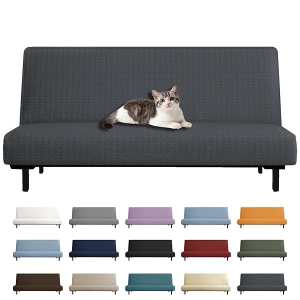 YEMYHOM Futon Cover Jacquard Design High Stretch Armless Sofa Bed Slipcover Anti-Slip Furniture Protector Dark Gray