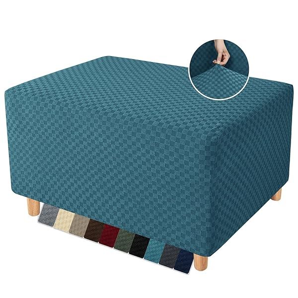 YEMYHOM Jacquard Ottoman Cover High Stretch Folding Storage Footstool Protector Rectangle Removable Slipcover Peacock Blue