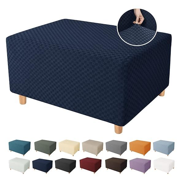 YEMYHOM High Stretch Ottoman Cover Jacquard Design Removable Slipcover for Large Rectangle Footstool Navy