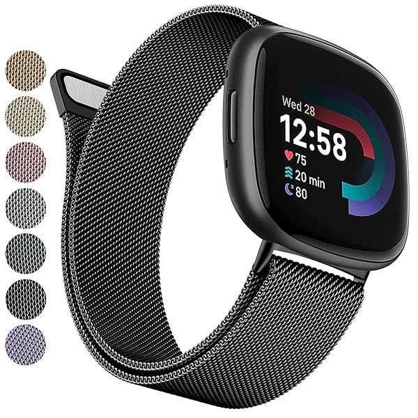 YILED Metal Bands for Fitbit Versa 3 4 Sense 2 Stainless Steel Mesh Adjustable Magnet Lock Wristband for Men and Women Black Large