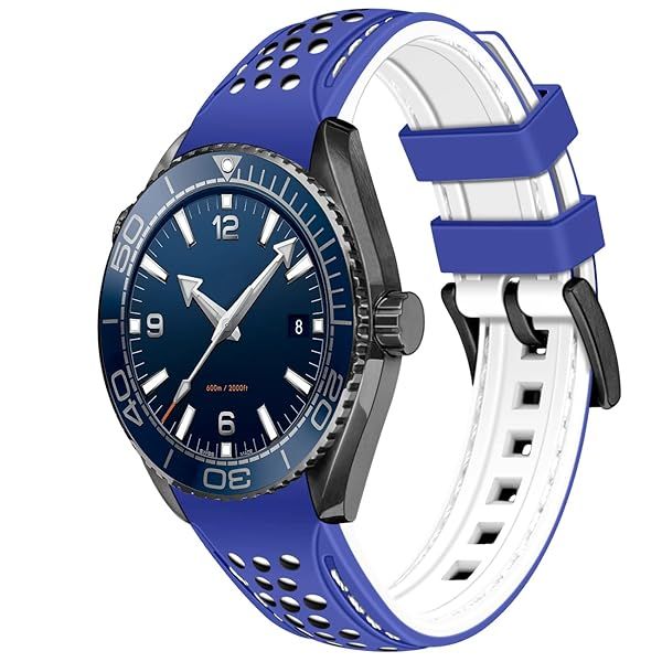 YISIWERA 20mm 22mm Silicone Watch Band Racing Rally Watch Strap Two Tone Blue White Curved Ends Rubber Watch Strap Stainless Steel Blue Buckle