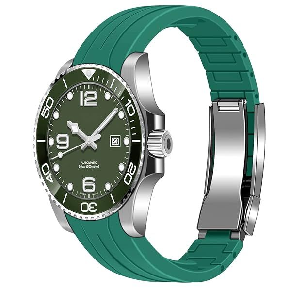 YISIWERA 20mm Rubber Watch BandCurved Ends Green Silicone Watch Bands Strap Solid High Polised Brushed Double Lock Mechanical Buckle for Men Women