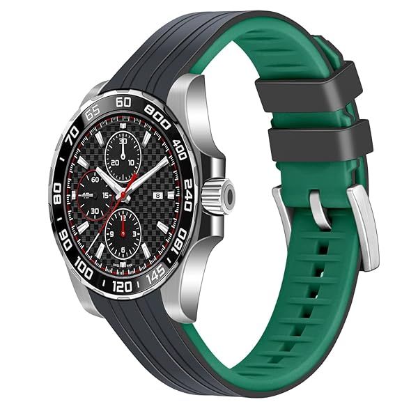 YISIWERA Stylish 22mm Two Tone Black Top-Green Bottom Rubber Silicone Watch Band Universal Curved Ends Watch Strap Solid Stainless Steel Buckle for