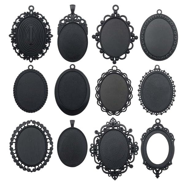 Youdiyla 10pcs Black Pendant Trays & Glass Cabochons for DIY Jewelry Making - 30x40mm Bezel Frame Set