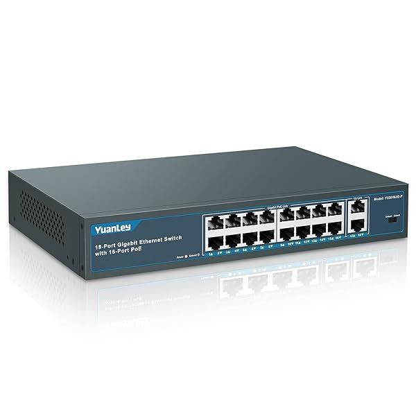 YuanLey 16 Port Gigabit PoE Switch 250W Unmanaged Plug and Play Metal Desktop Rackmount with 2 Gigabit Uplink and 16 PoE+ Ports 1000Mbps