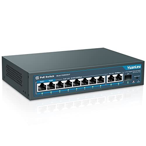 YuanLey 8 Port Gigabit PoE Switch 1000Mbps with 2 Uplinks and 120W Power Unmanaged Plug and Play AI Smart Detection Ethernet Switch